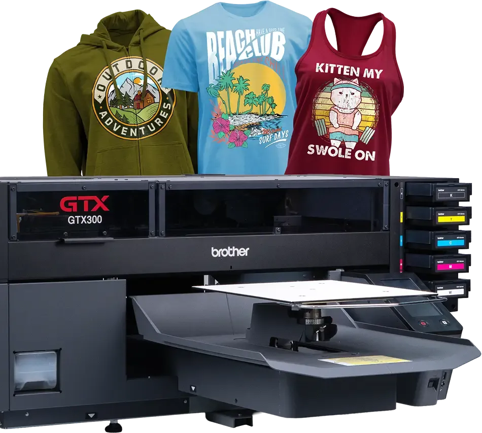 Brother GTX300 printer with printed apparel