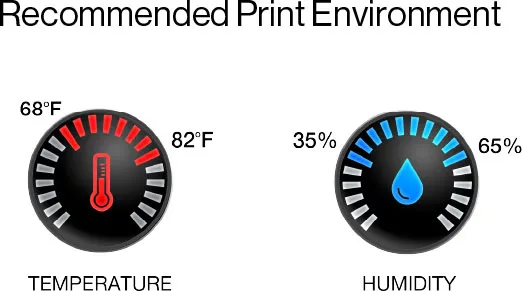 Recommended Print Environment -  Temperature 68.0°F to 82.0°F Humidity 35% to 65%