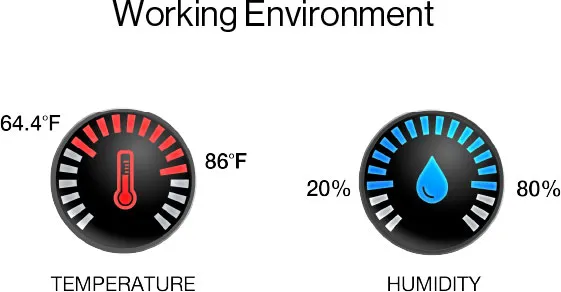 Working Environment -  Temperature 64.4°F to 86.0°F Humidity 20% to 80%