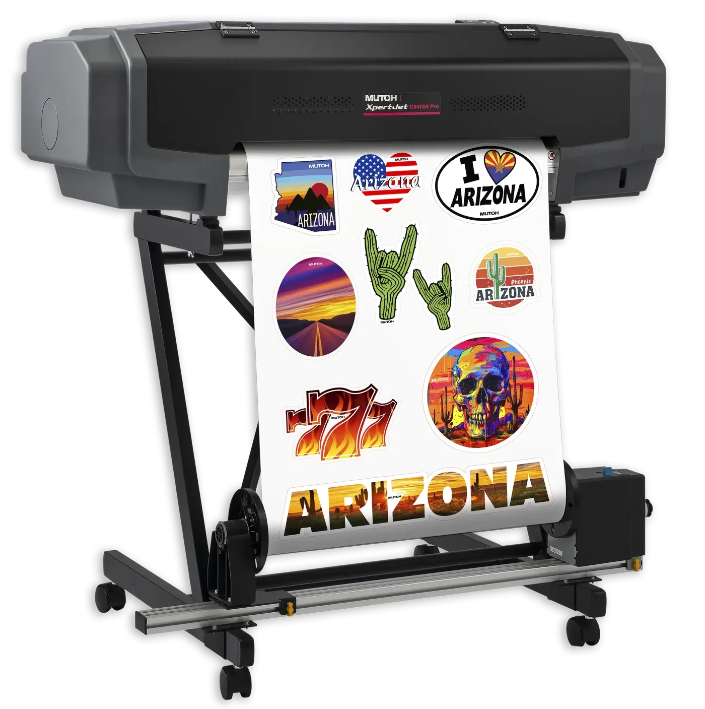 Mutoh XpertJet C641SR Pro on its stand with printed sticker output