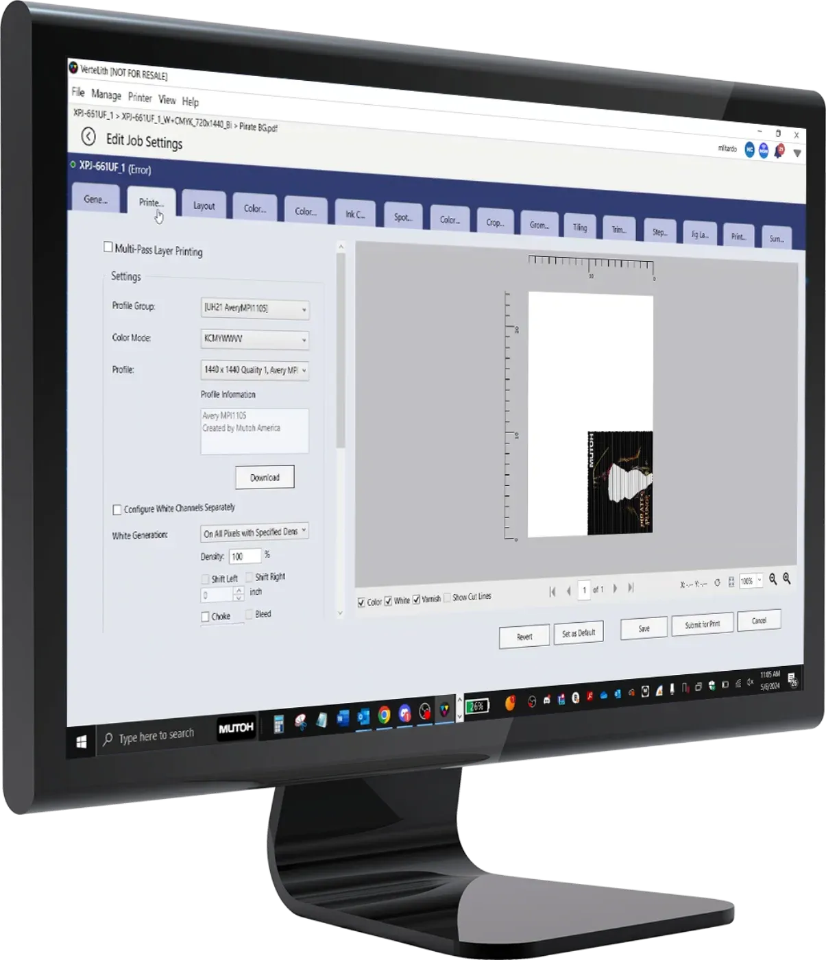 Desktop monitor representing the MUTOH VerteLith RIP and SAi Flexi DESIGN software