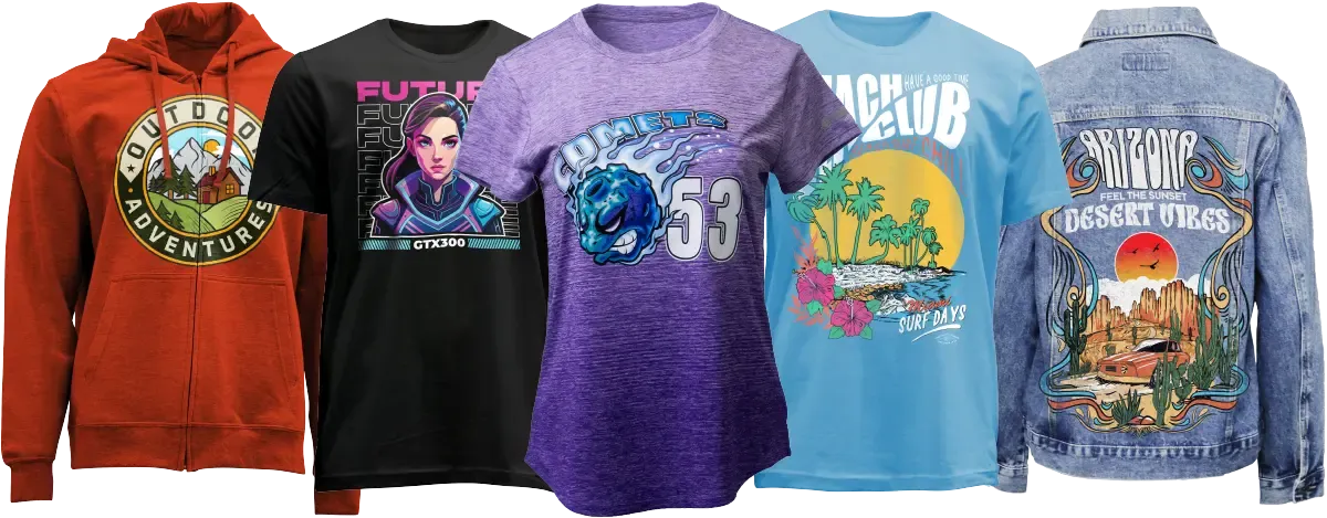 Hoodie, t-shirts, and denim jacket printed with GTX300 printer, including prints over a zipper and pockets