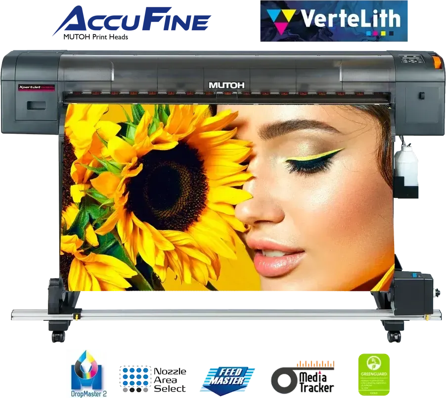 Mutoh XpertJet 1341SR Pro printing a full-colour sunflower graphic