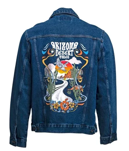 Denim jacket with an Arizona Desert Vibes scene printed on the back with GTX300 printer