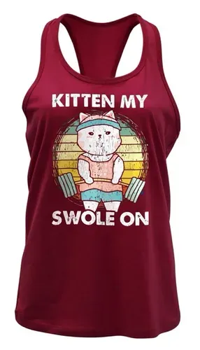 Maroon racerback tank top with a Kitten My Swole On cat design printed with GTX300 printer