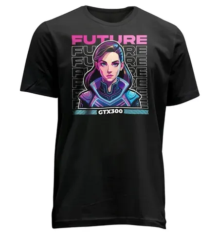 Black t-shirt with a neon Future character design printed with GTX300 printer