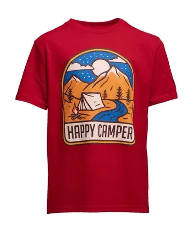 Red t-shirt with a Happy Camper campsite badge printed with GTX300 printer
