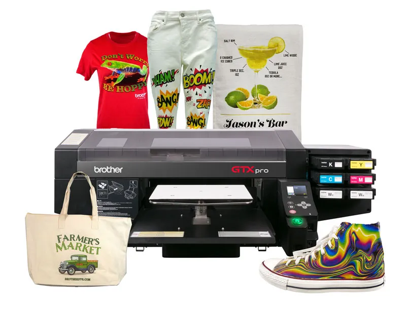 DTG printer with printed items around it